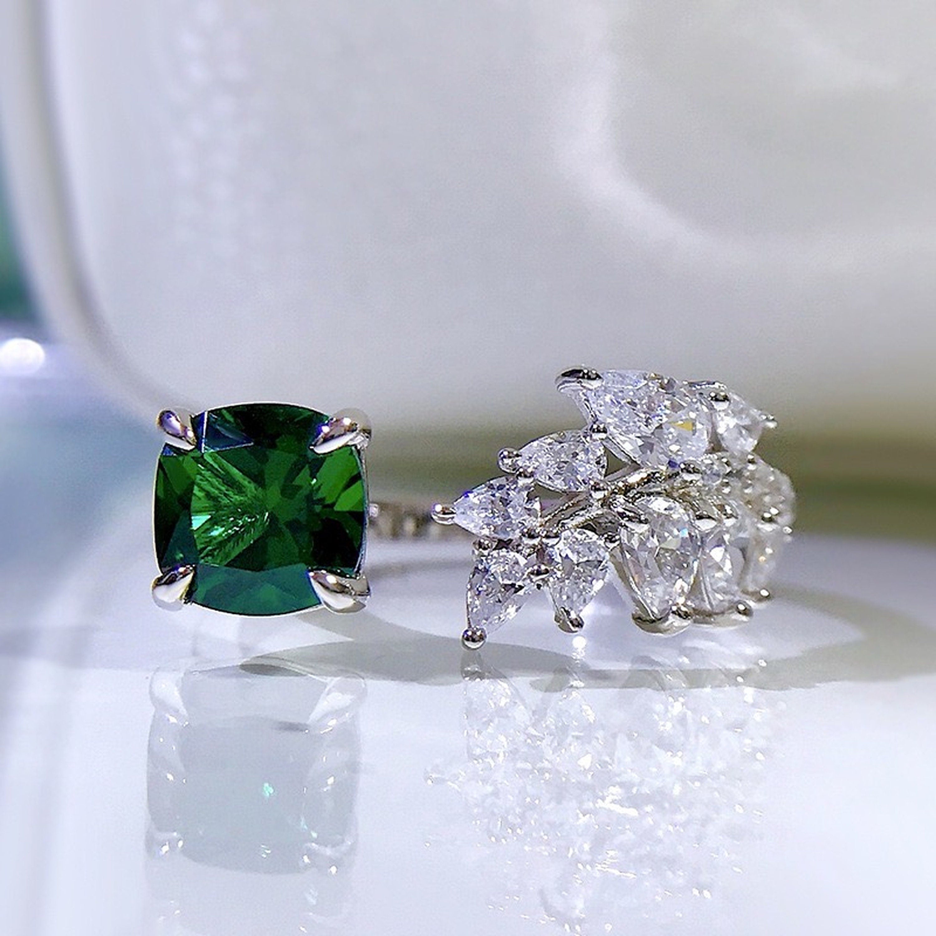 Celebrity Style Cushion Cut Emerald Ring