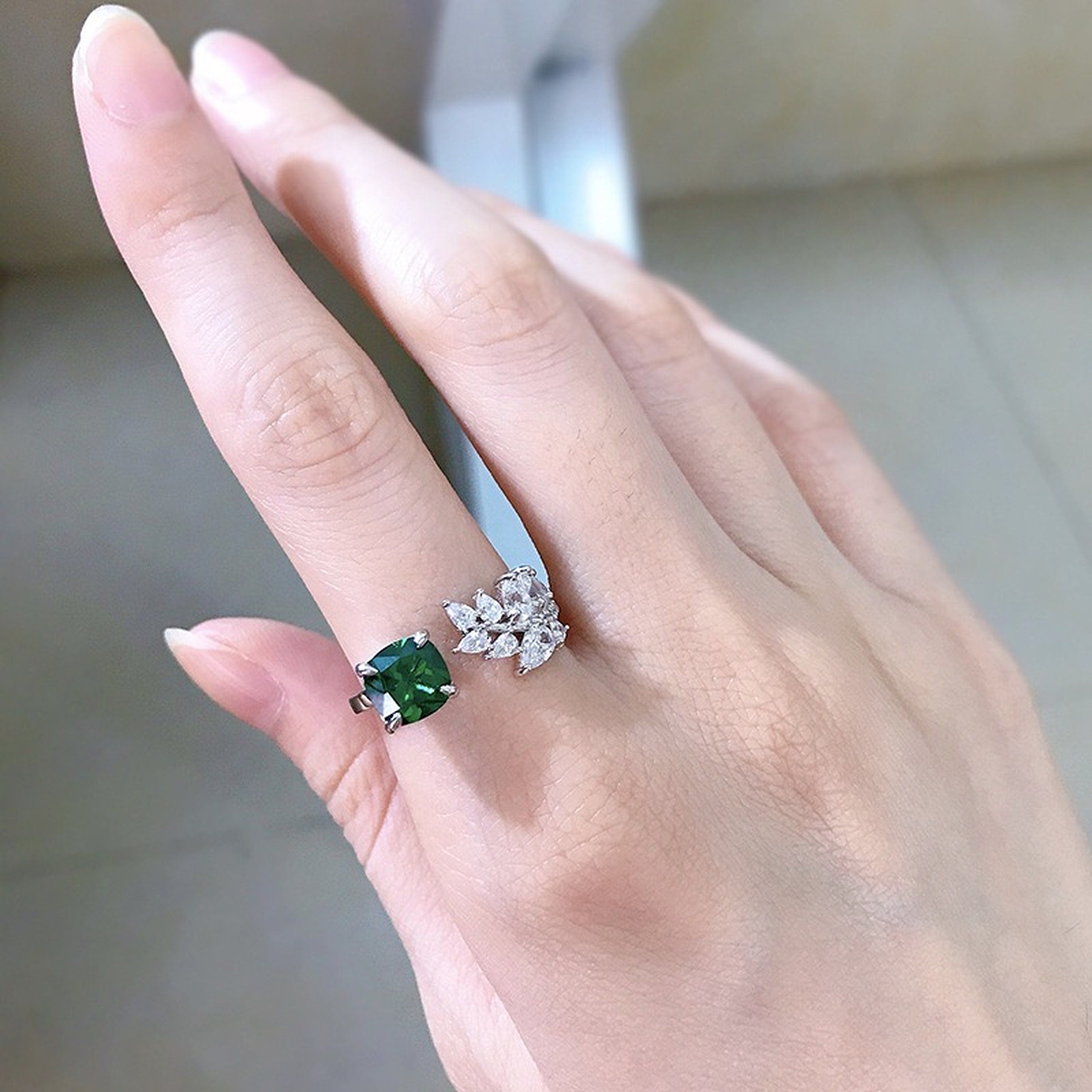 Celebrity Style Cushion Cut Emerald Ring