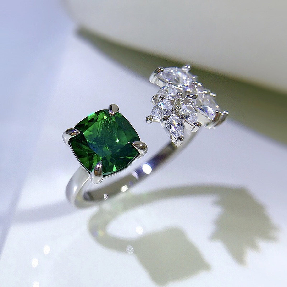 Celebrity Style Cushion Cut Emerald Ring