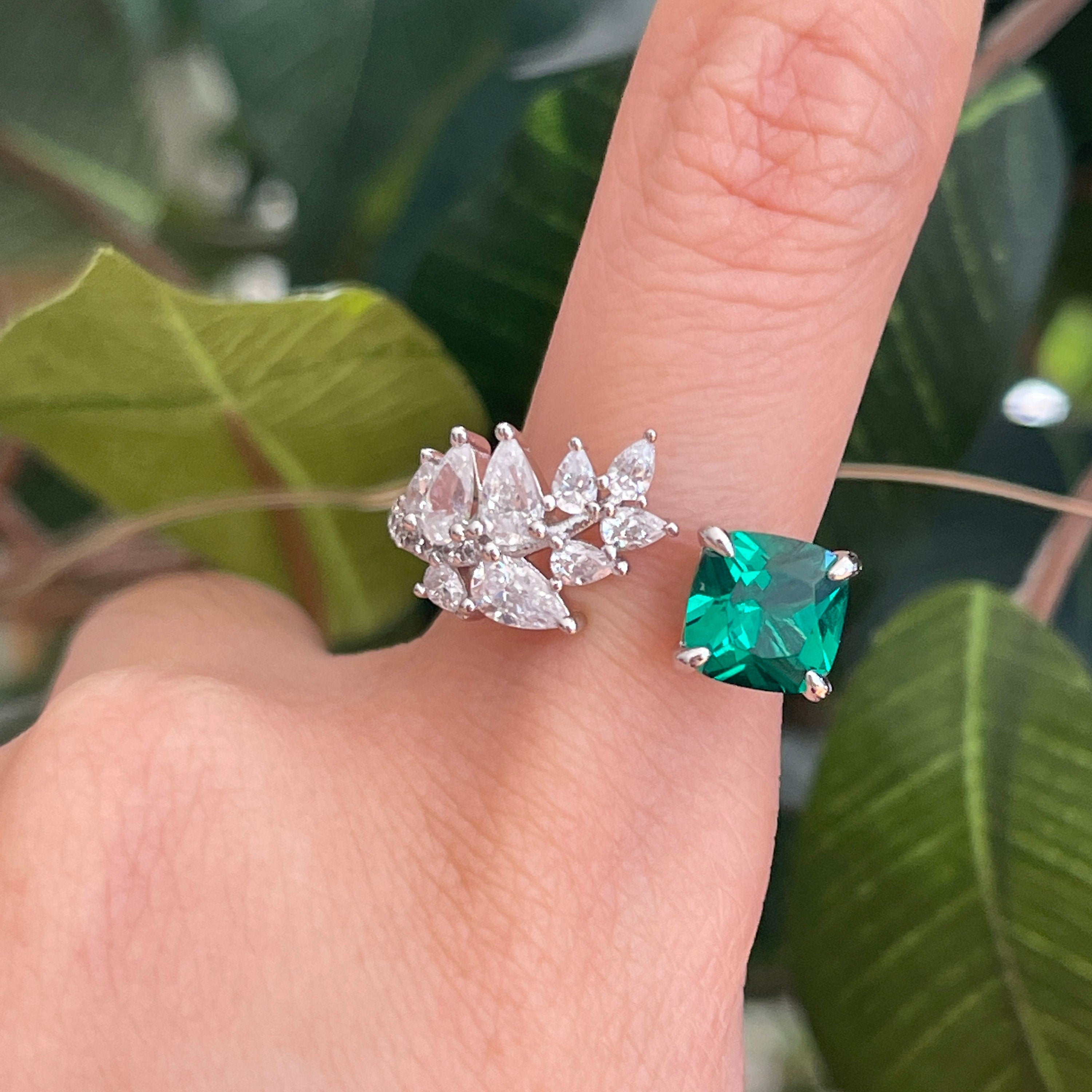 Celebrity Style Cushion Cut Emerald Ring