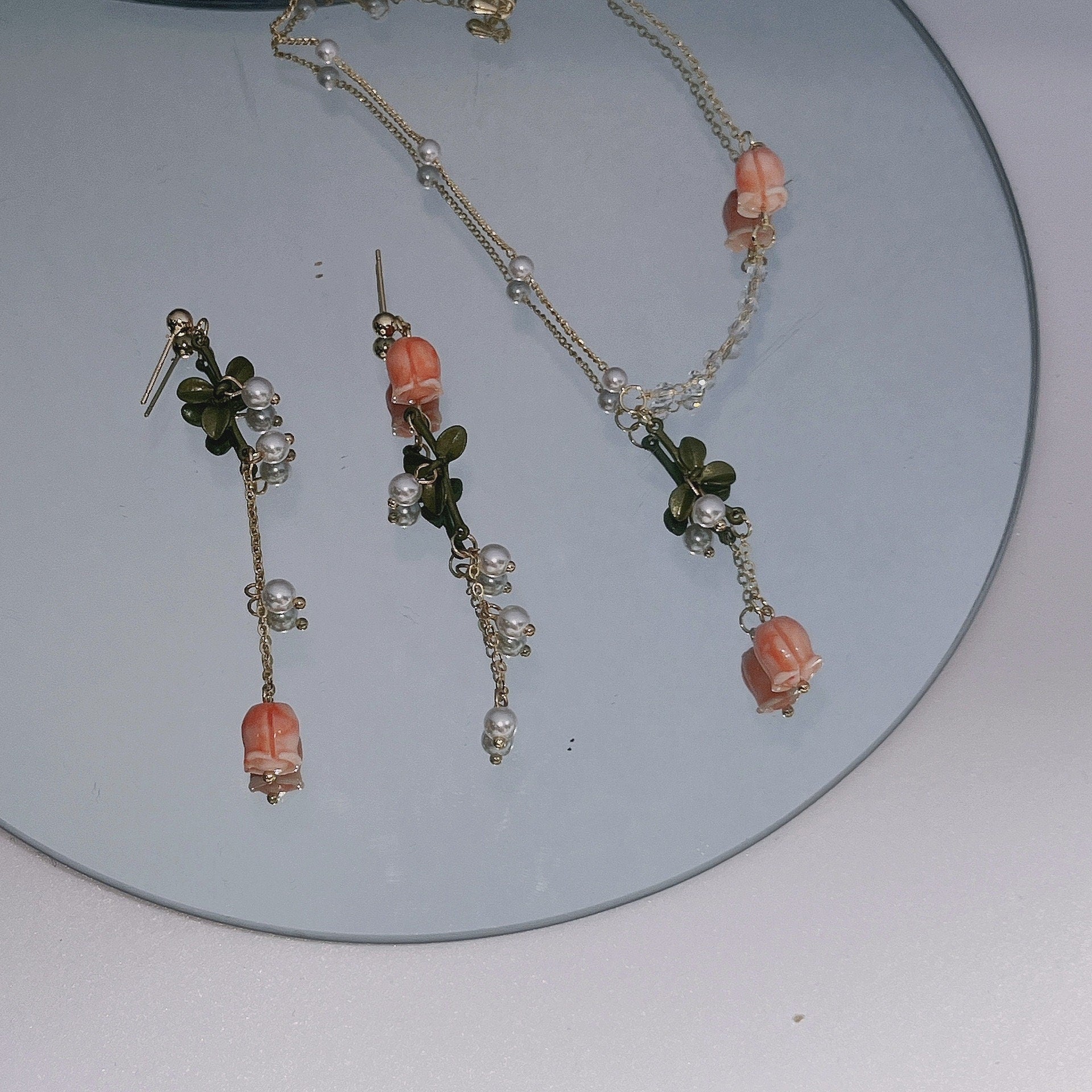 Pink Tulip Floral Earrings And Necklace Jewelry Set