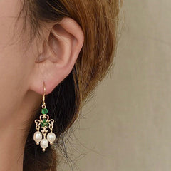 Emerald and Pearl Fan Shaped Tassel Earrings