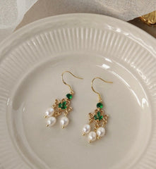 Emerald and Pearl Fan Shaped Tassel Earrings