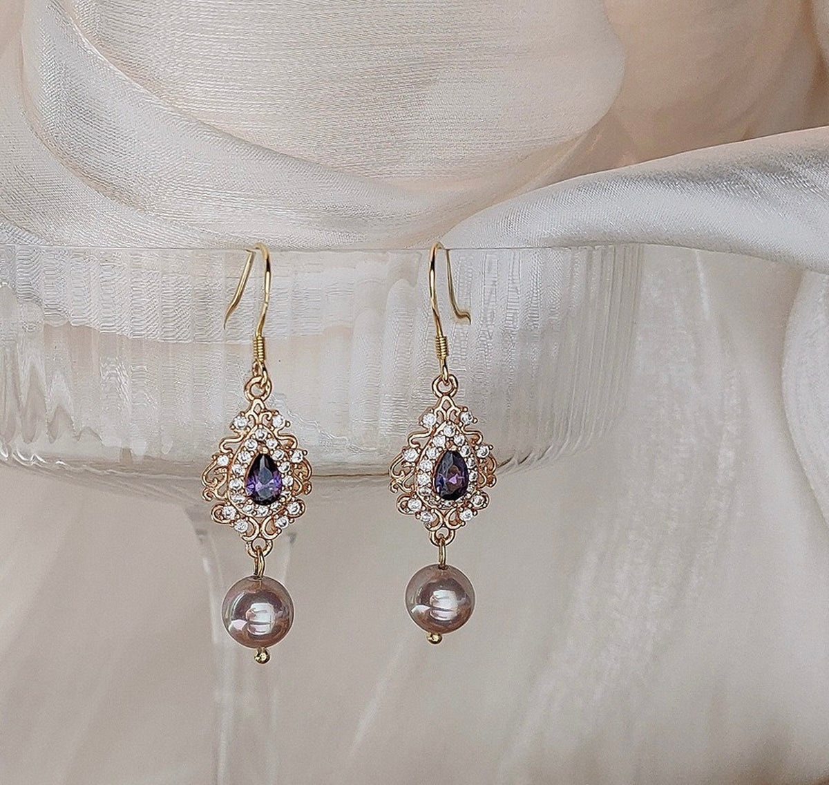 Purple Pearl Amethyst Teardrop Earrings