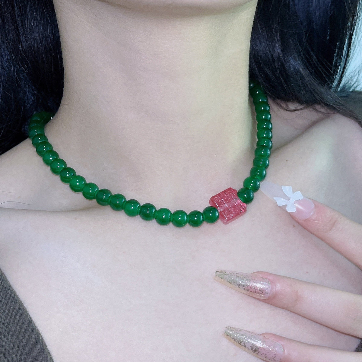 Natural dark green jade necklace