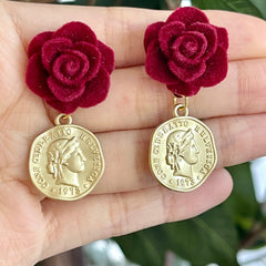 Romantic red velvet rose flower earrings