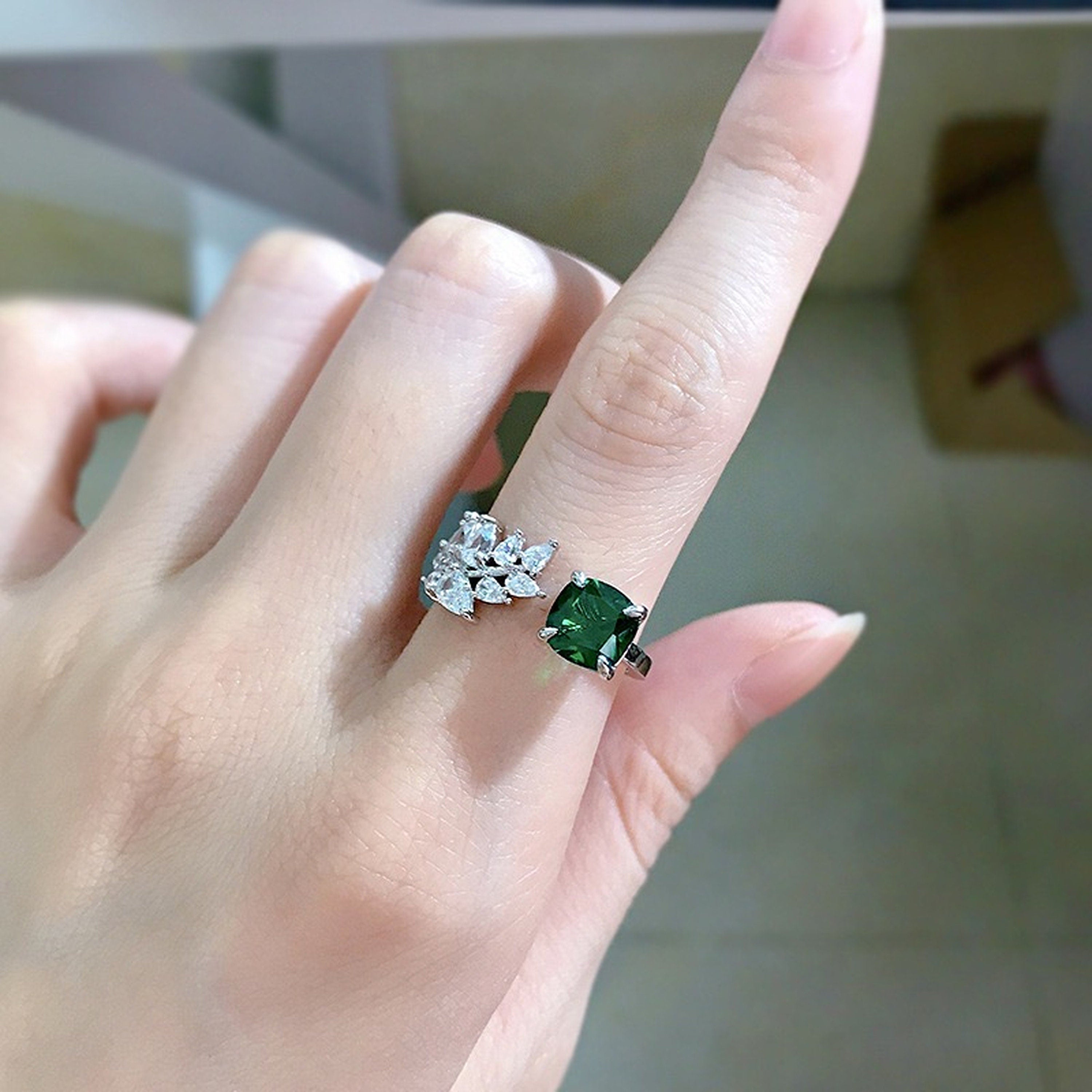 Celebrity Style Cushion Cut Emerald Ring