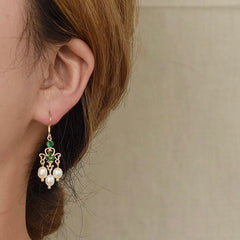 Emerald and Pearl Fan Shaped Tassel Earrings