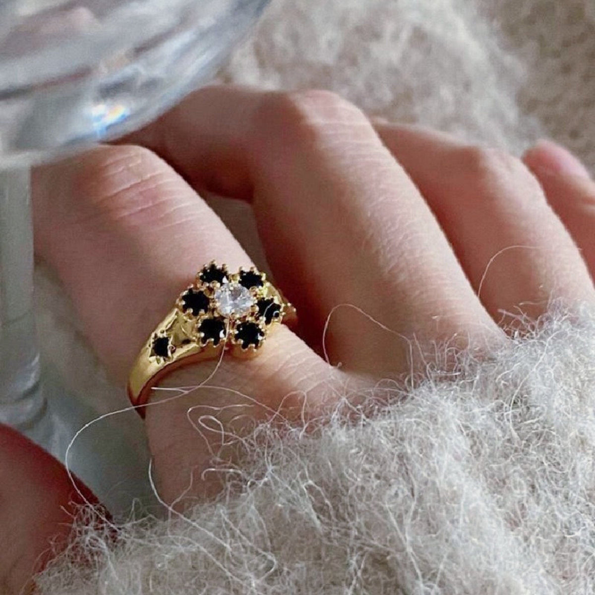 Black Floral Gold Chunky Ring