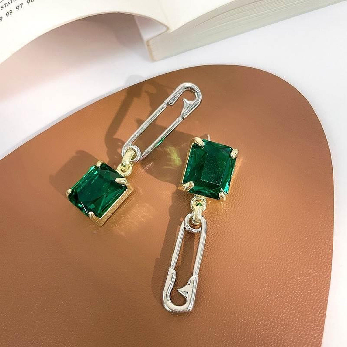 Creative Silver Pin Emerald Green Gemstone Earrings