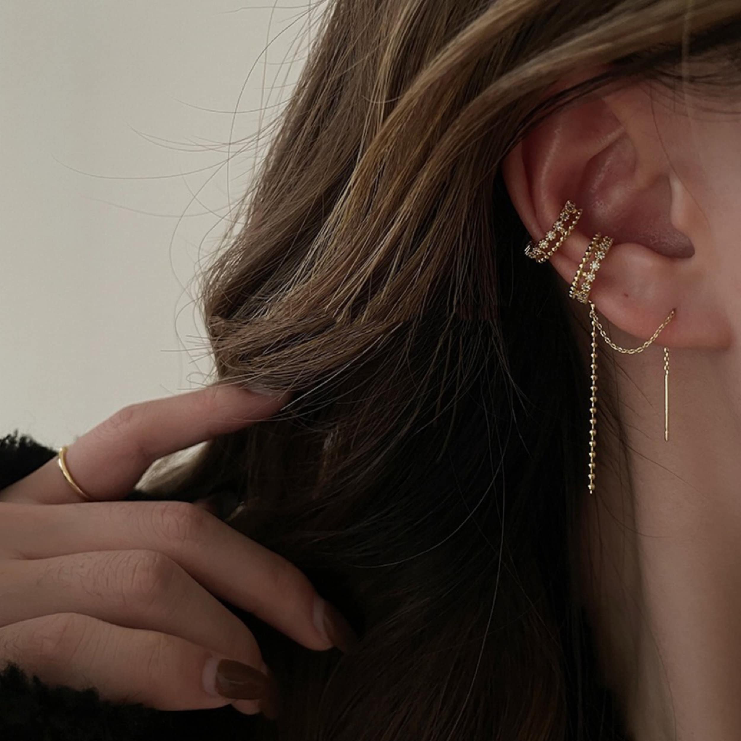 Multi layer dangle ear cuff threaders