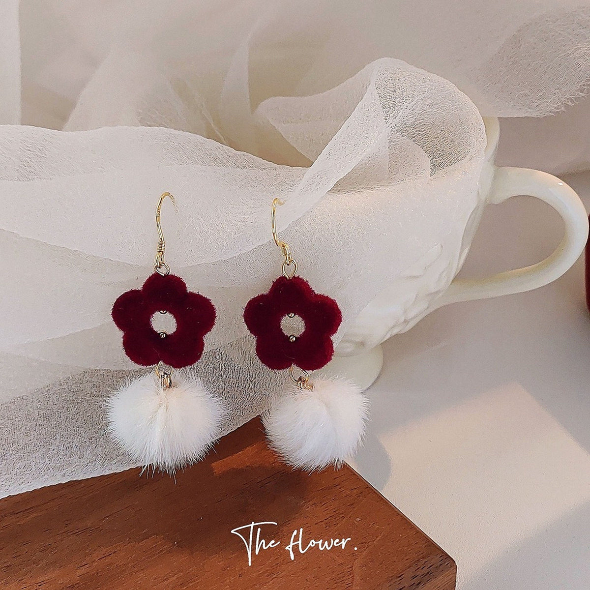 Red Velvet Rose Flower Earrings