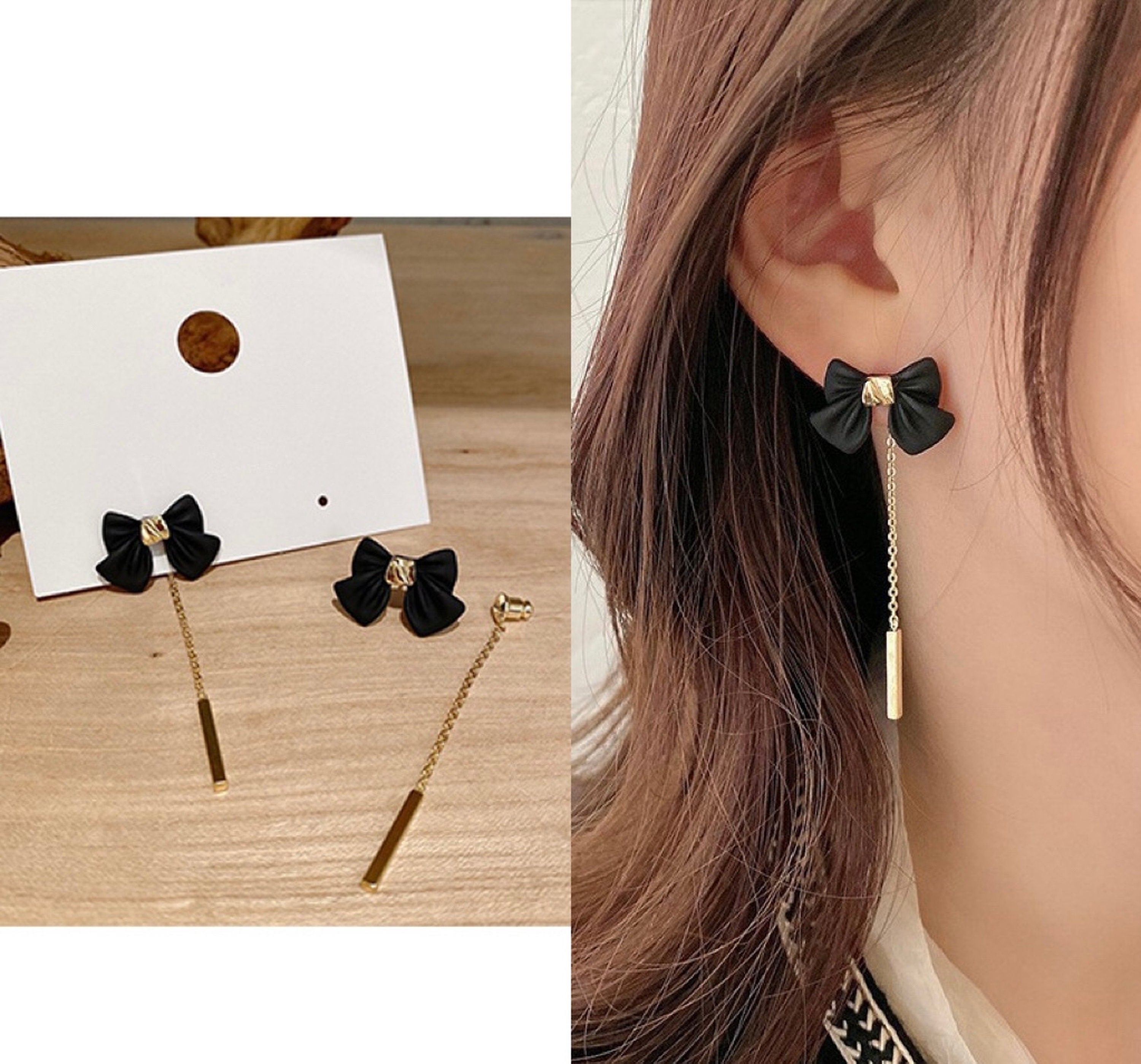 Black Ribbon Bow Gold Earrings