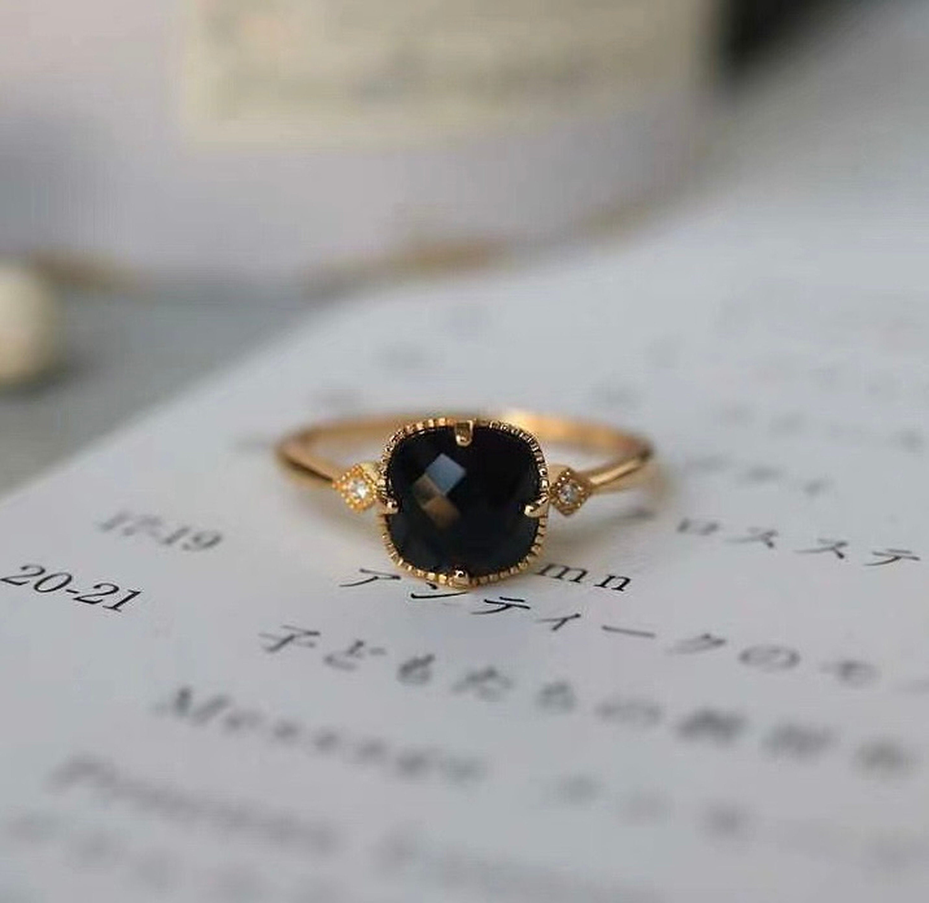 Black Rectangle Gemstone Cushion Ring