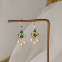 Emerald and Pearl Fan Shaped Tassel Earrings