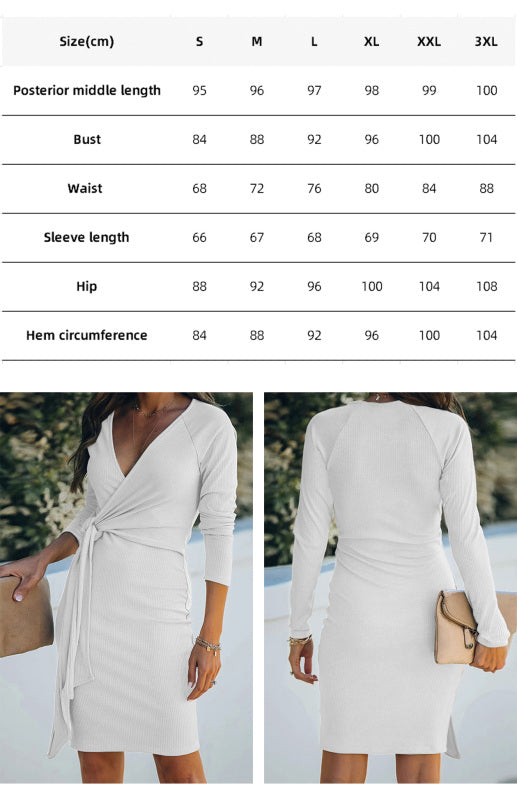 Ladies V-Neck Ribbed Belt Dress