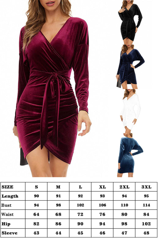 Sexy Velvet V-Neck Slim-Fit Split Cocktail Party Long-Sleeved Dress