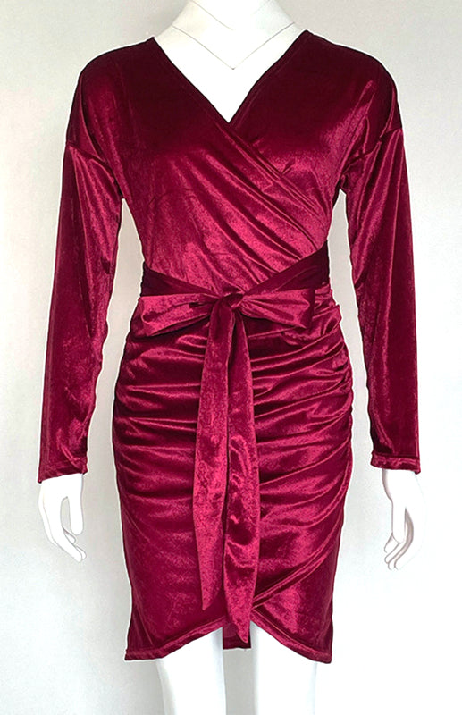 Sexy Velvet V-Neck Slim-Fit Split Cocktail Party Long-Sleeved Dress