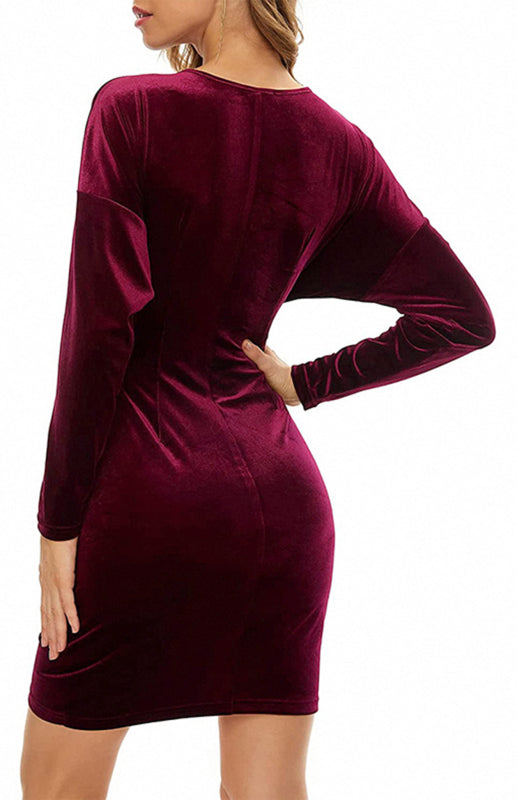 Sexy Velvet V-Neck Slim-Fit Split Cocktail Party Long-Sleeved Dress