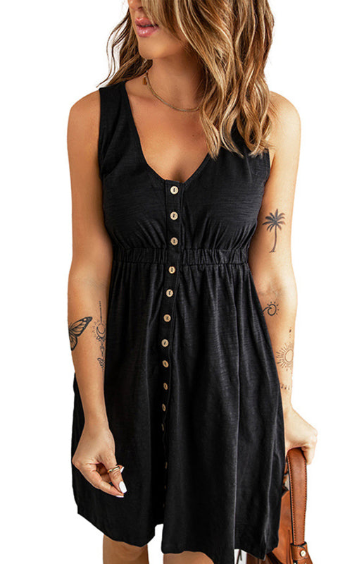 Casual V-Neck Button Front Sleeveless Elasticated Waist A-line Dress With Pocket