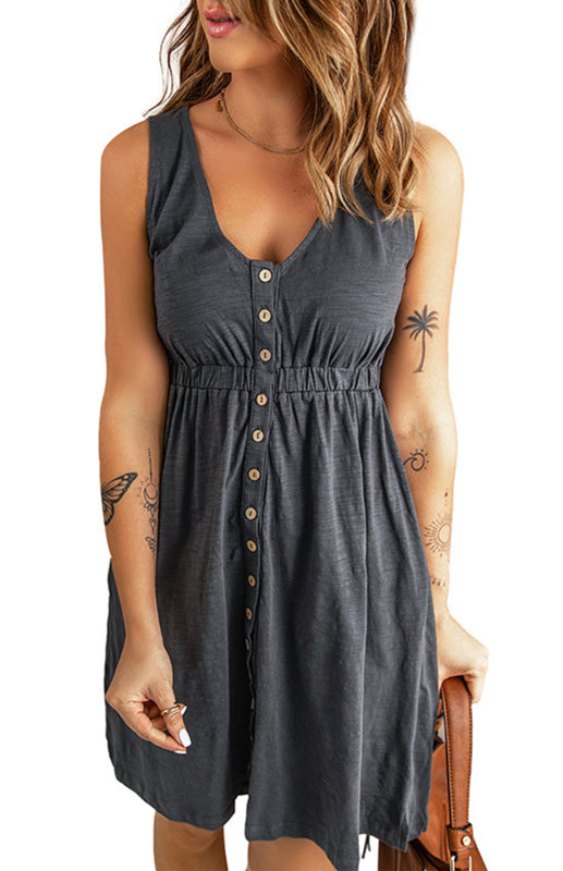 Casual V-Neck Button Front Sleeveless Elasticated Waist A-line Dress With Pocket