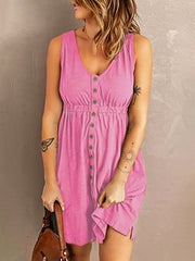 Casual V-Neck Button Front Sleeveless Elasticated Waist A-line Dress With Pocket