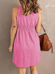 Casual V-Neck Button Front Sleeveless Elasticated Waist A-line Dress With Pocket