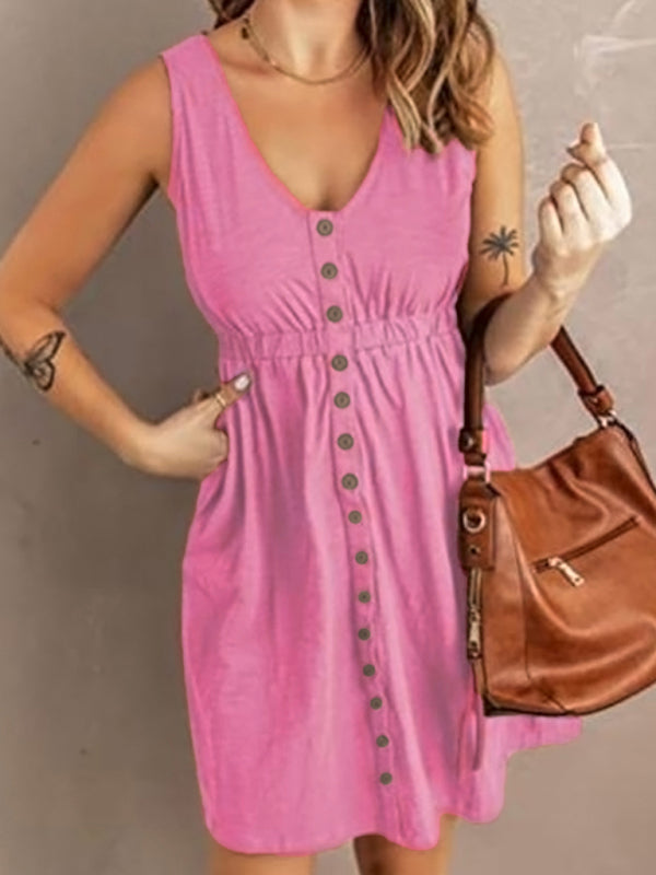 Casual V-Neck Button Front Sleeveless Elasticated Waist A-line Dress With Pocket