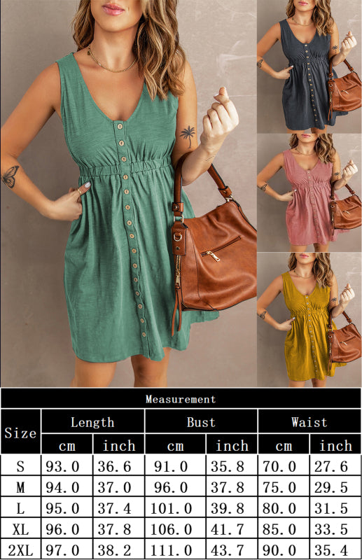 Casual V-Neck Button Front Sleeveless Elasticated Waist A-line Dress With Pocket