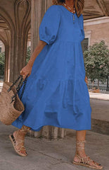 Linen Blend Round Neck Puff Sleeve Babydoll Midi Dress