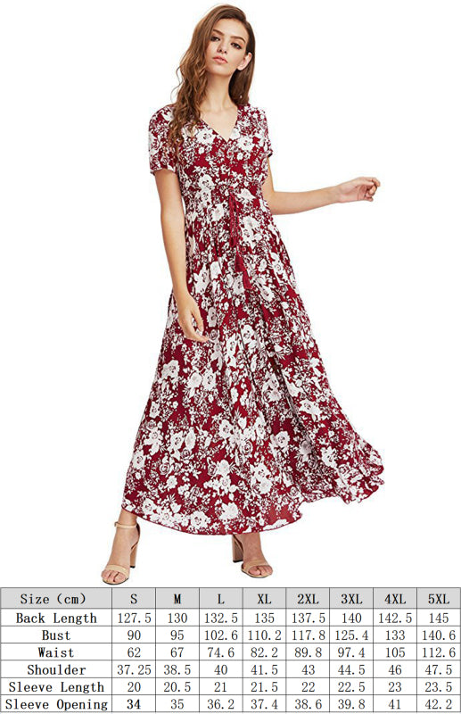 Bohemian Vintage Ethnic Pattern V-Neck Loose Long Dress