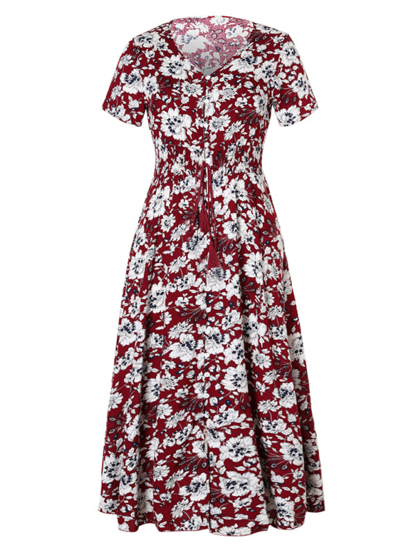 Bohemian Vintage Ethnic Pattern V-Neck Loose Long Dress