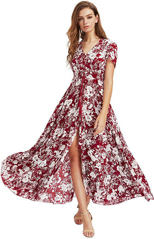 Bohemian Vintage Ethnic Pattern V-Neck Loose Long Dress