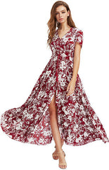 Bohemian Vintage Ethnic Pattern V-Neck Loose Long Dress