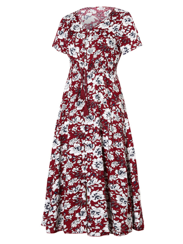 Bohemian Vintage Ethnic Pattern V-Neck Loose Long Dress