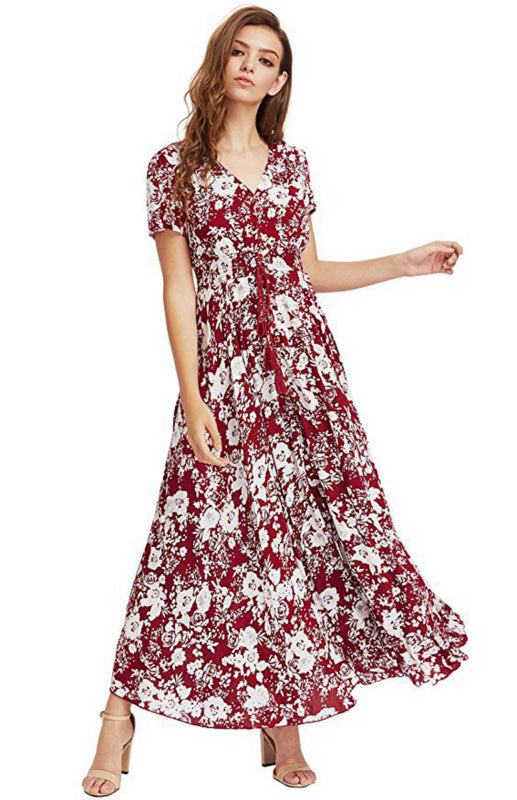 Bohemian Vintage Ethnic Pattern V-Neck Loose Long Dress