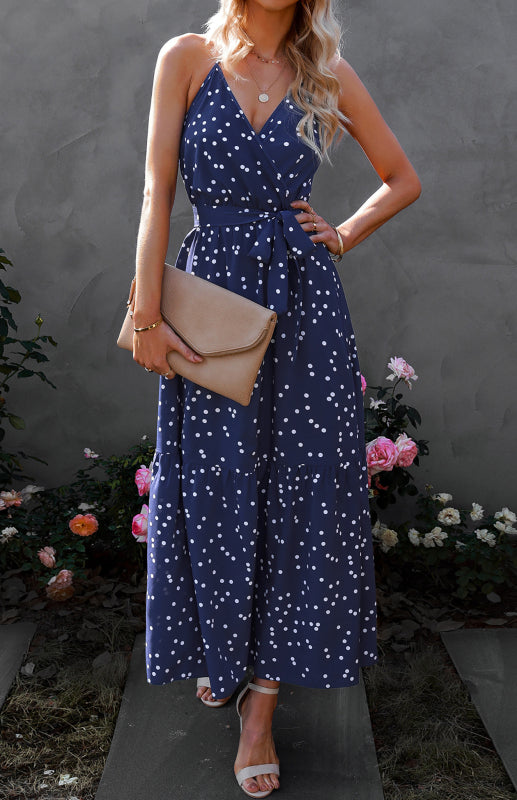 Ladies V Neck Sling Polka Dot Dress Long Dress