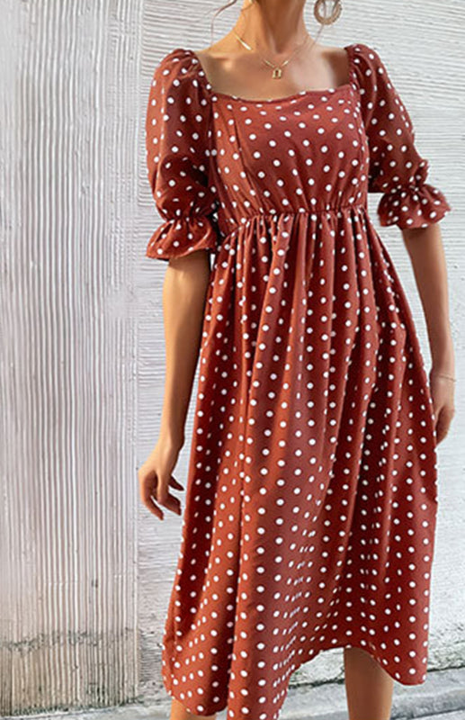 Square Neck Vintage Ruffle High Waist Polka Dot Dress
