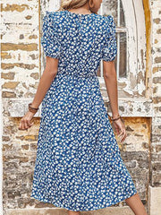 European and American casual skirt split floral blue dress