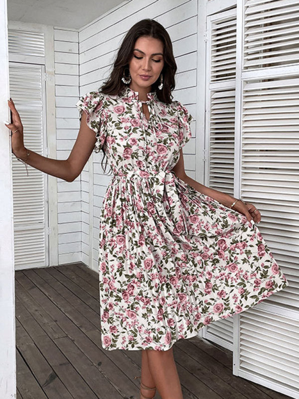 European and American retro skirt print mid-length white dress