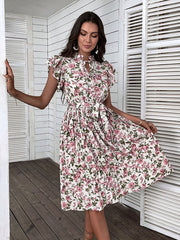 European and American retro skirt print mid-length white dress