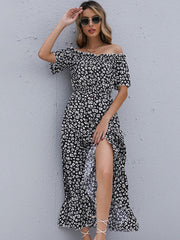 European and American short-sleeved floral skirt irregular one-shoulder dress
