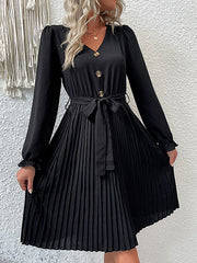 pleated skirt female black long -sleeved pleated dress