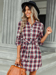 Seasonal single breasted plaid lace waist dress