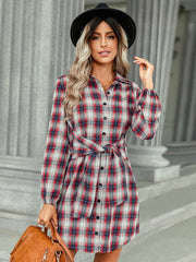 Seasonal single breasted plaid lace waist dress