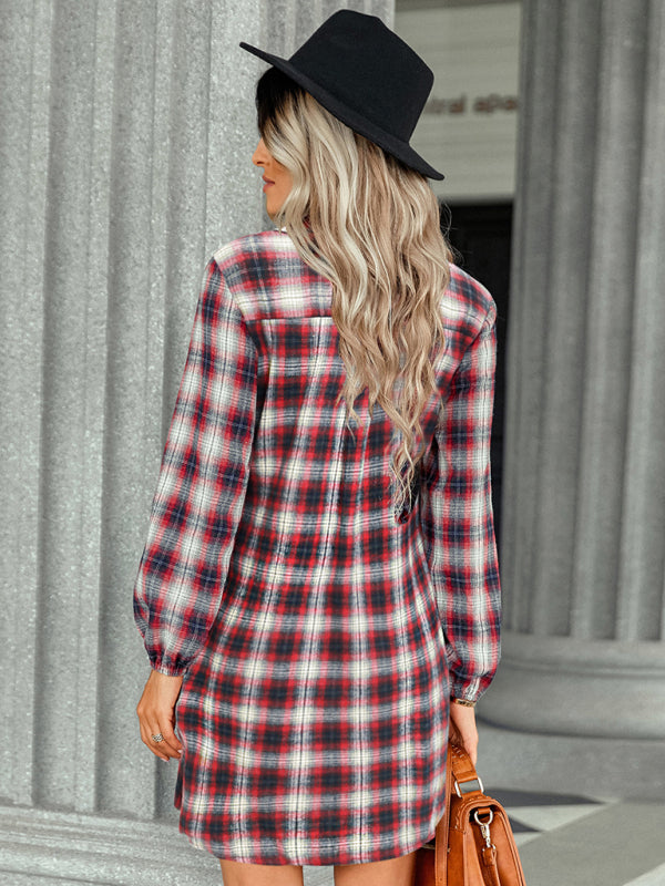 Seasonal single breasted plaid lace waist dress