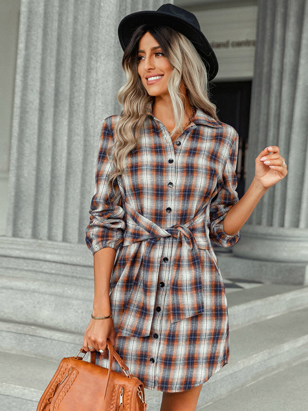 Seasonal single breasted plaid lace waist dress