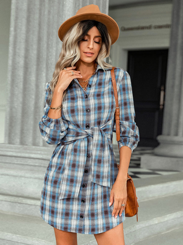 Seasonal single breasted plaid lace waist dress