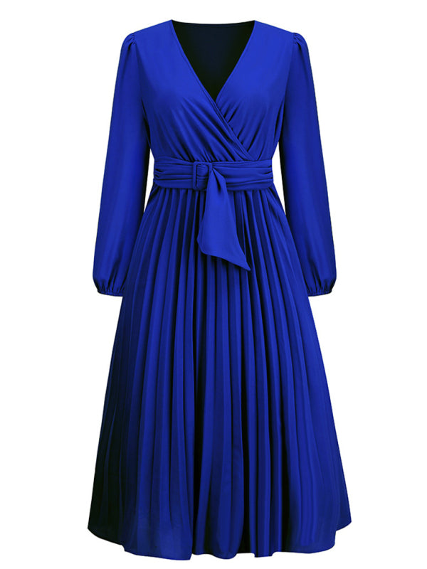 long sleeve slim pleated belt V-neck dress A-line skirt