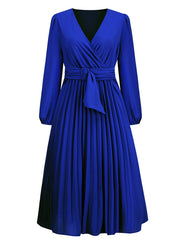 long sleeve slim pleated belt V-neck dress A-line skirt
